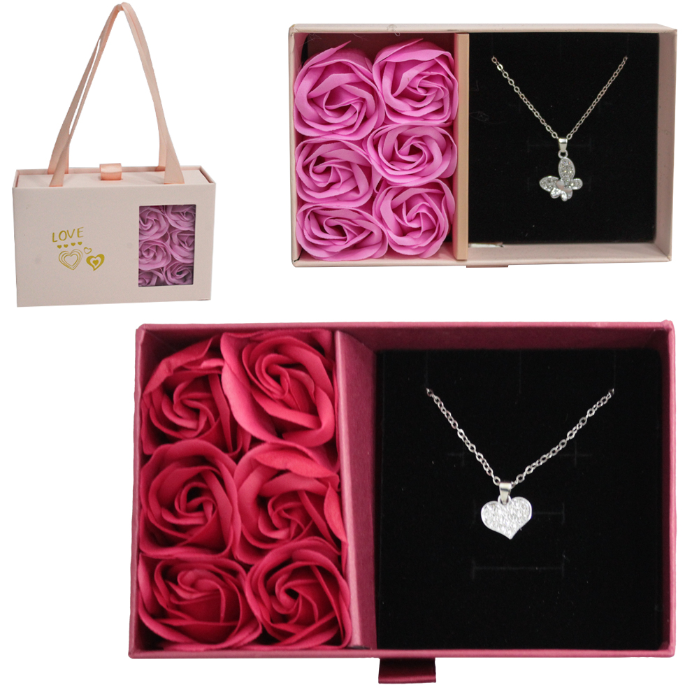 PORTA JOIAS COM 6 ROSAS LOVE + COLAR NA SACOLA 15X9,5X5CM
