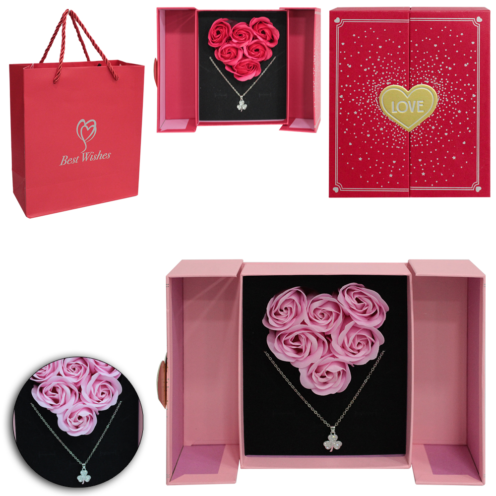 PORTA JOIAS CAIXA COM 6 ROSAS LOVE + COLAR NA SACOLA 16X13X5CM