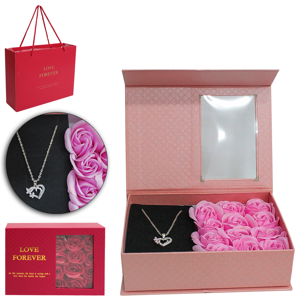PORTA JOIAS CAIXA COM 12 ROSAS LOVE FOREVER + COLAR NA SACOLA 18X13X4,5CM