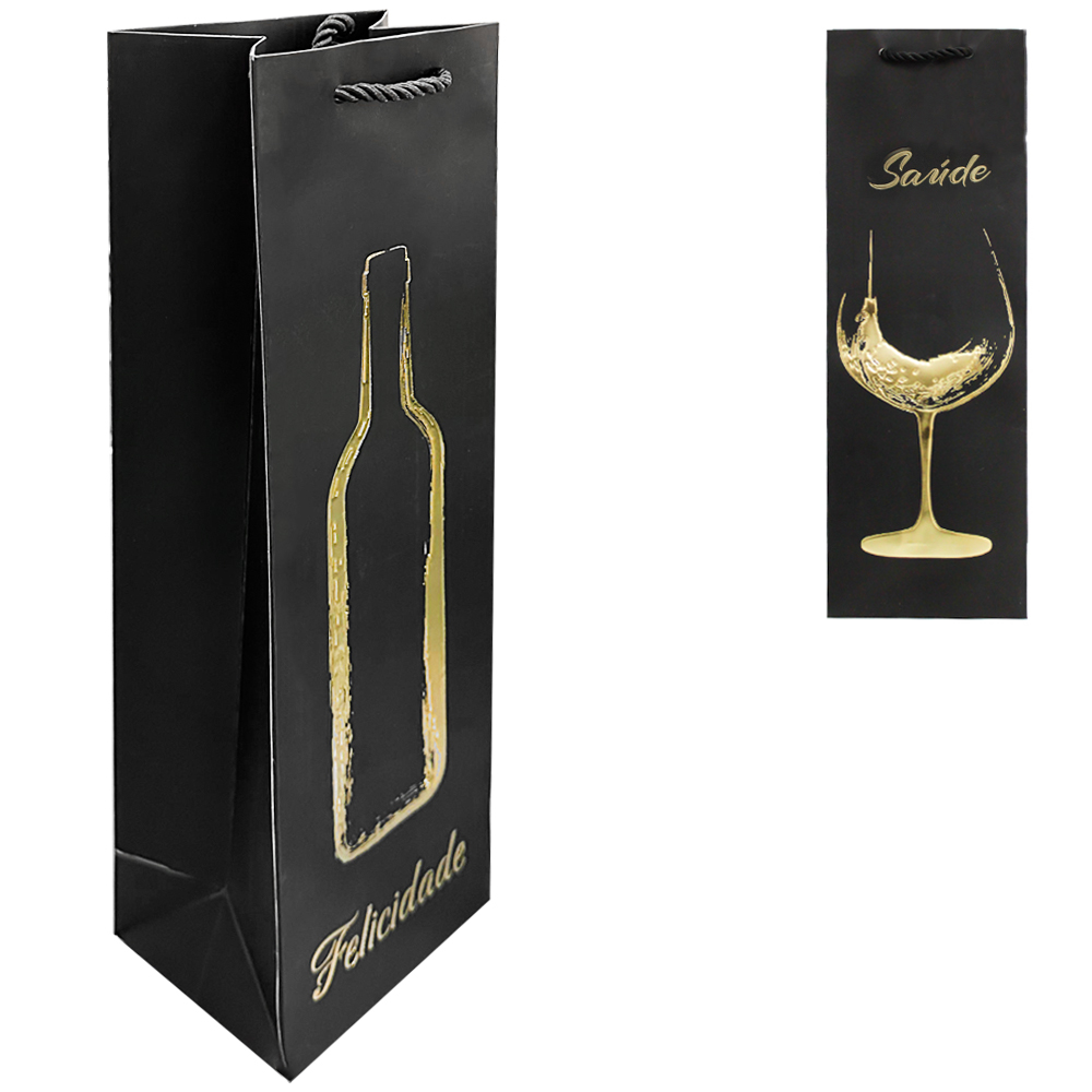 SACOLA DE PAPEL PARA GARRAFA DE VINHO PALAVRAS 36X12X9CM