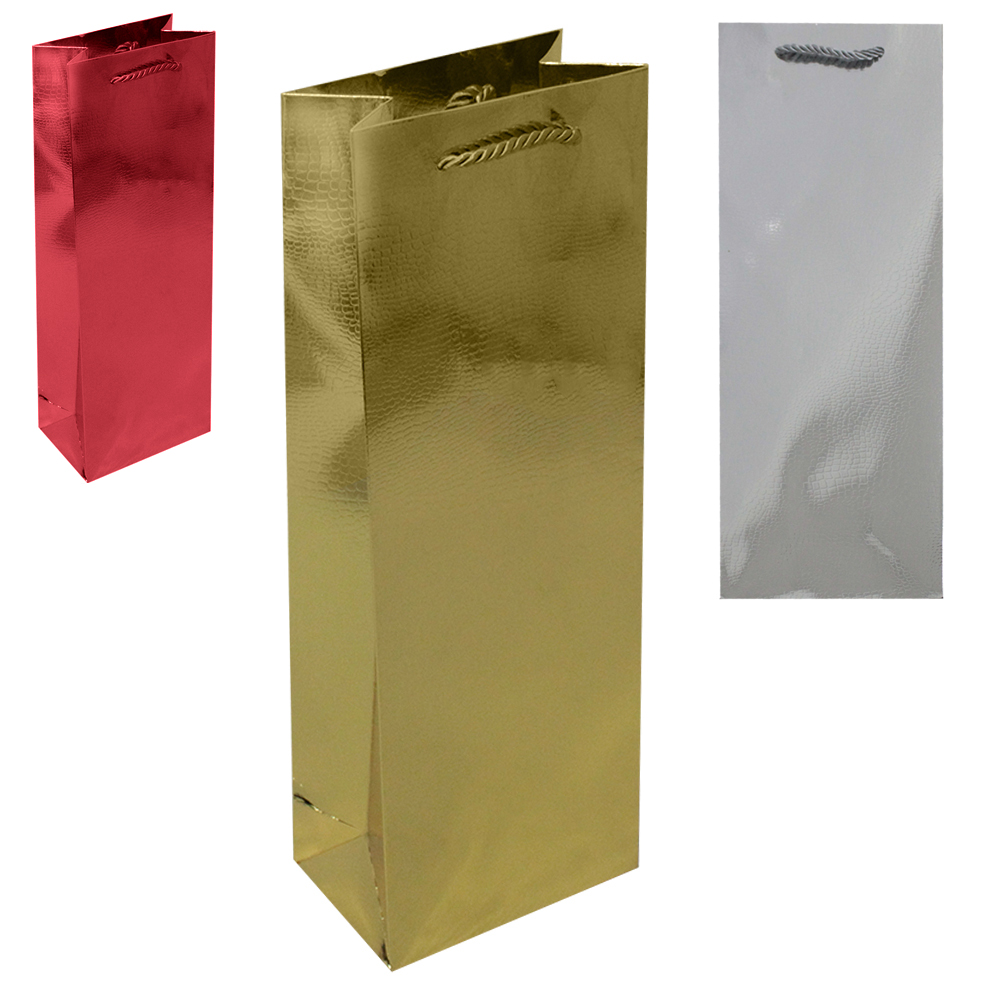 SACOLA DE PAPEL PARA GARRAFA DE VINHO JACARE LUXO METALIZADO 36X12,8X8,2CM