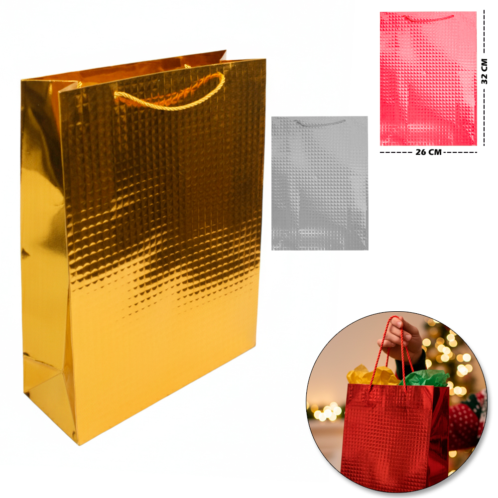SACOLA DE PAPEL PARA PRESENTE LUXO QUADRADO METALIZADO 32X26X12CM