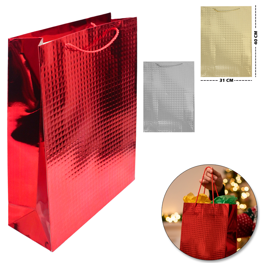 SACOLA DE PAPEL PARA PRESENTE LUXO QUADRADOS METALIZADO 40X31X12CM