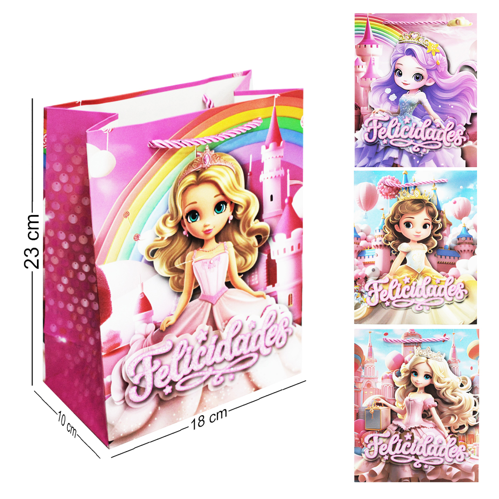 SACOLA DE PAPEL PARA PRESENTE COM GLITTER PRINCESA FELICIDADES 3D 23X18X10CM
