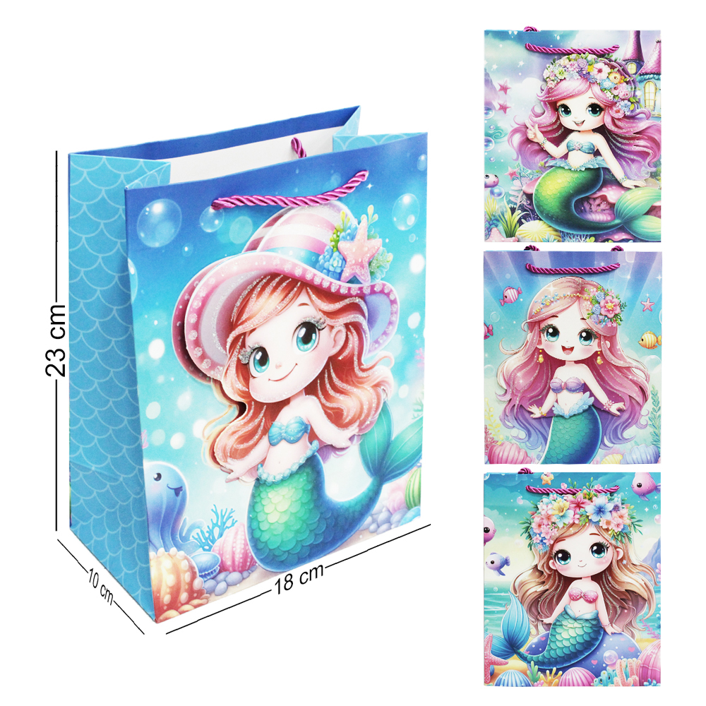 SACOLA DE PAPEL PARA PRESENTE COM GLITTER SEREIA 3D 23X18X10CM