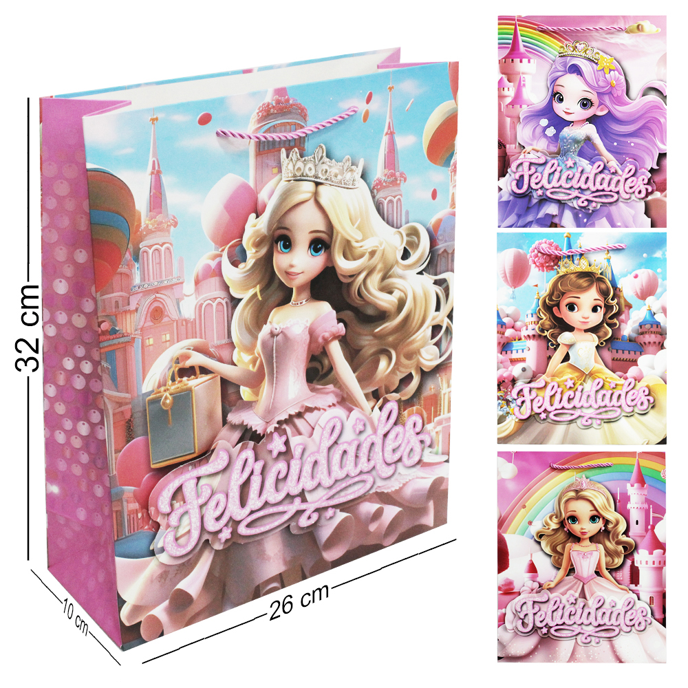 SACOLA DE PAPEL PARA PRESENTE COM GLITTER PRINCESA FELICIDADES 3D 32X26X10CM