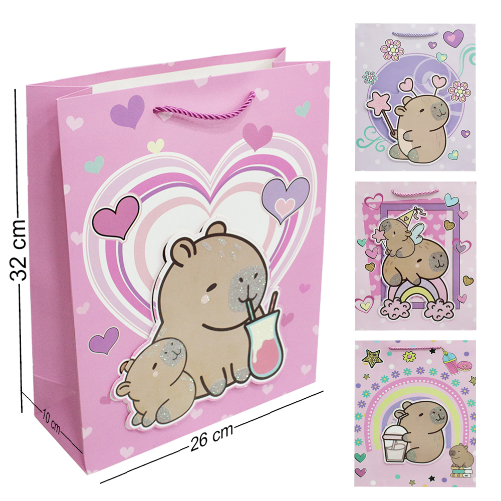 SACOLA DE PAPEL PARA PRESENTE COM GLITTER CAPIVARA ARCO IRIS CORACOES 3D 32X26X10CM