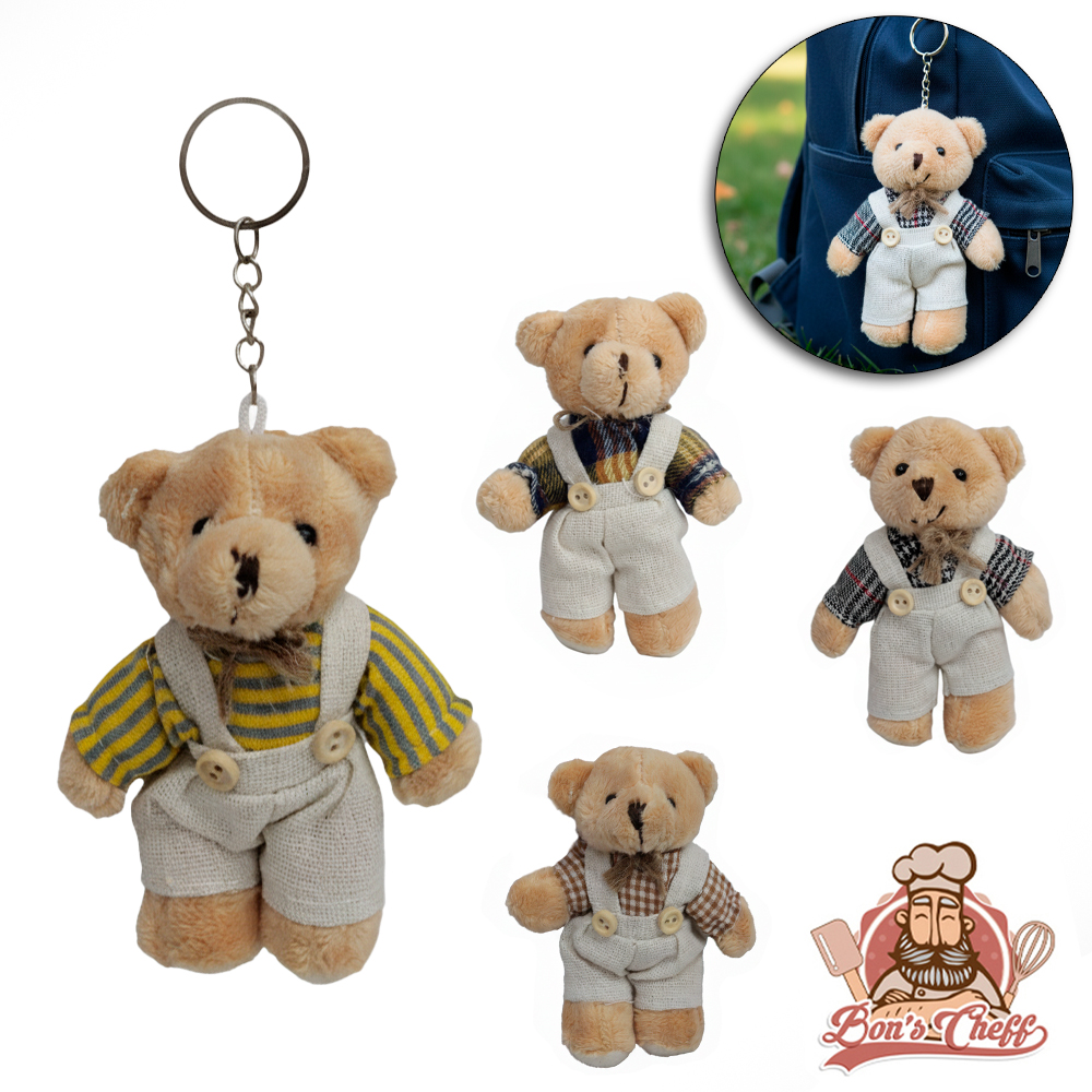 CHAVEIRO DE PELUCIA URSO / URSA COM ROUPA 12CM