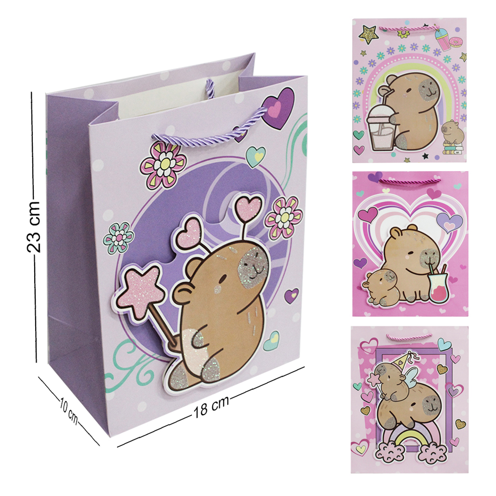 SACOLA DE PAPEL PARA PRESENTE COM GLITTER CAPIVARA 3D 23X18X10CM