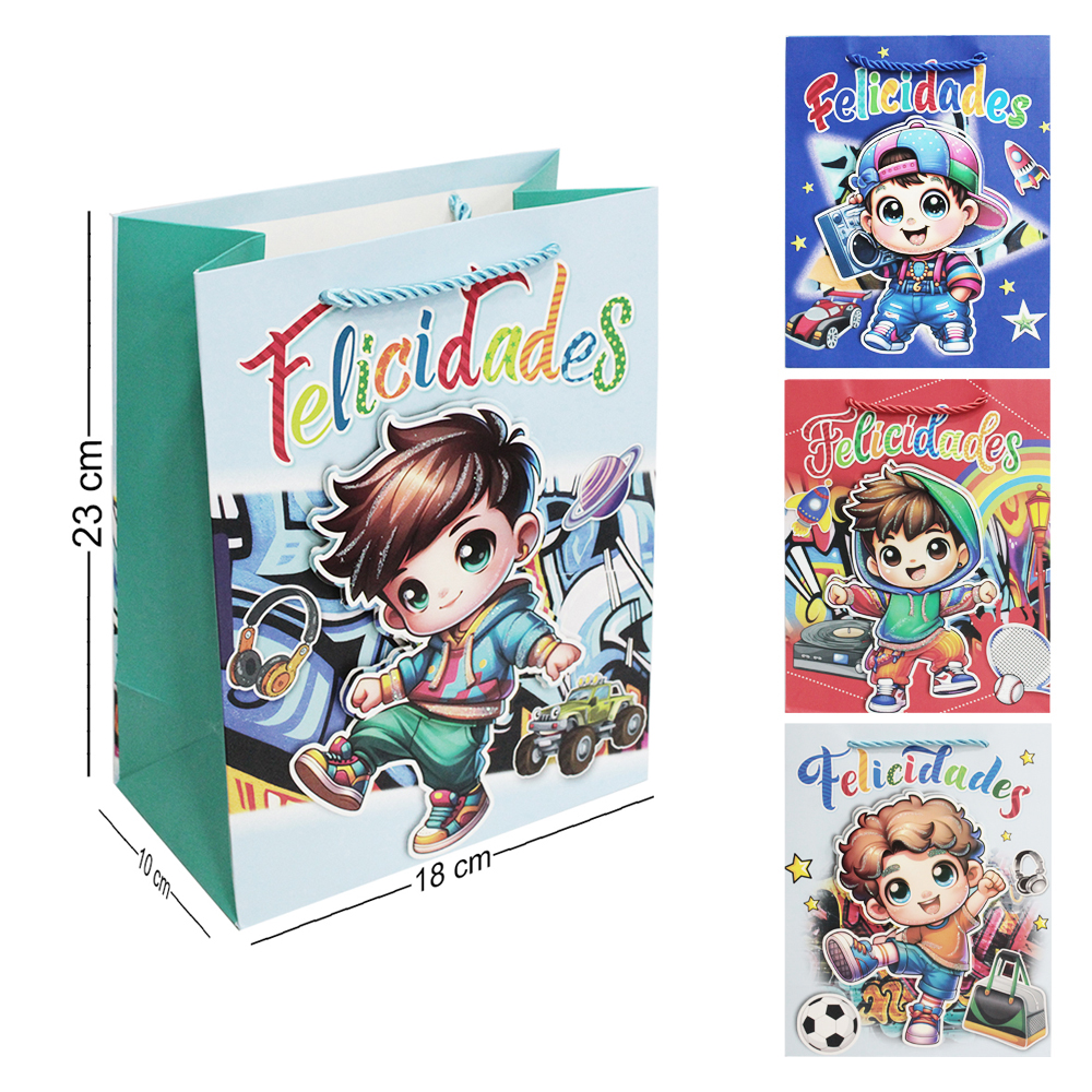 SACOLA DE PAPEL PARA PRESENTE COM GLITTER BOY FELICIDADES 3D 23X18X10CM