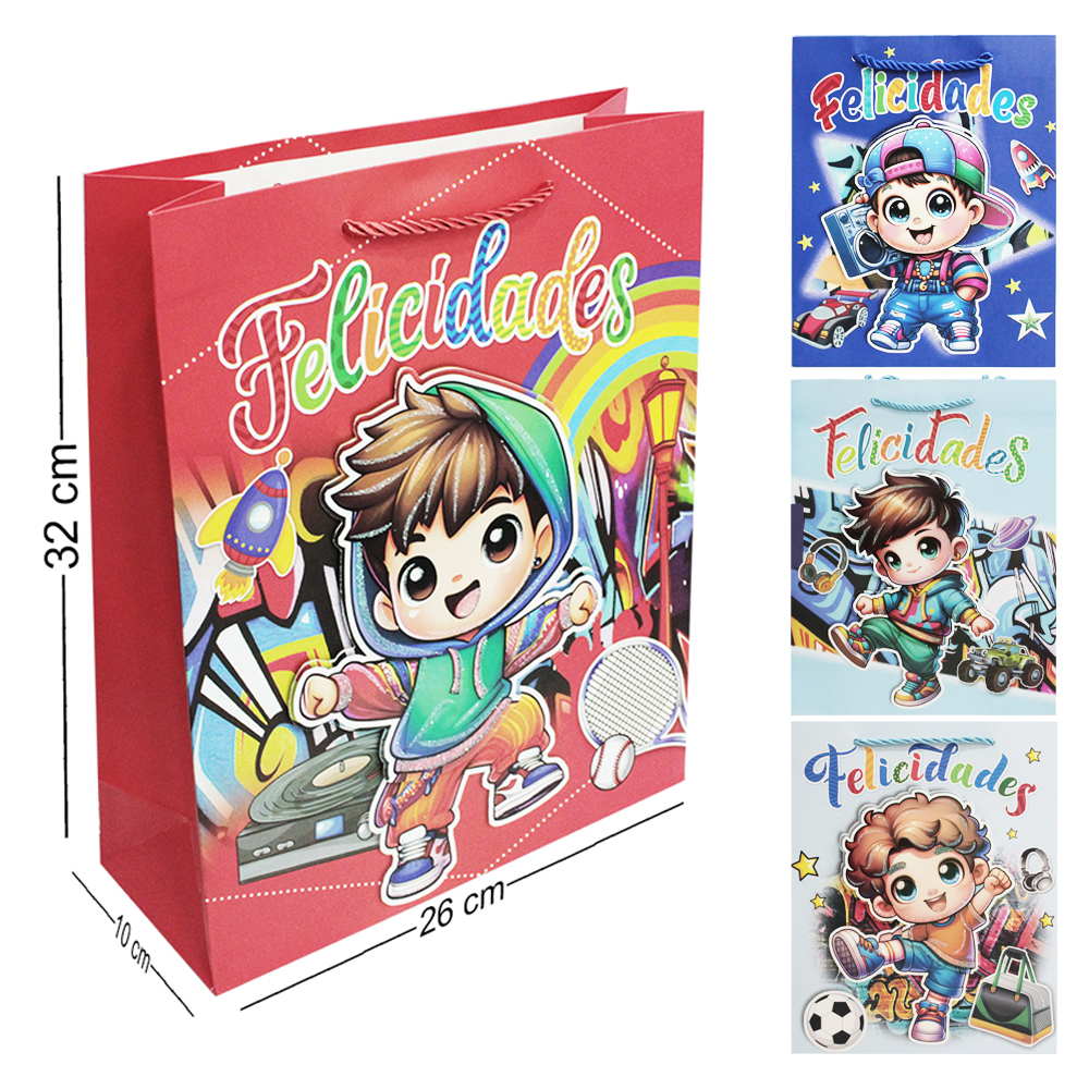 SACOLA DE PAPEL PARA PRESENTE COM GLITTER BOY FELICIDADES 3D 32X26X10CM