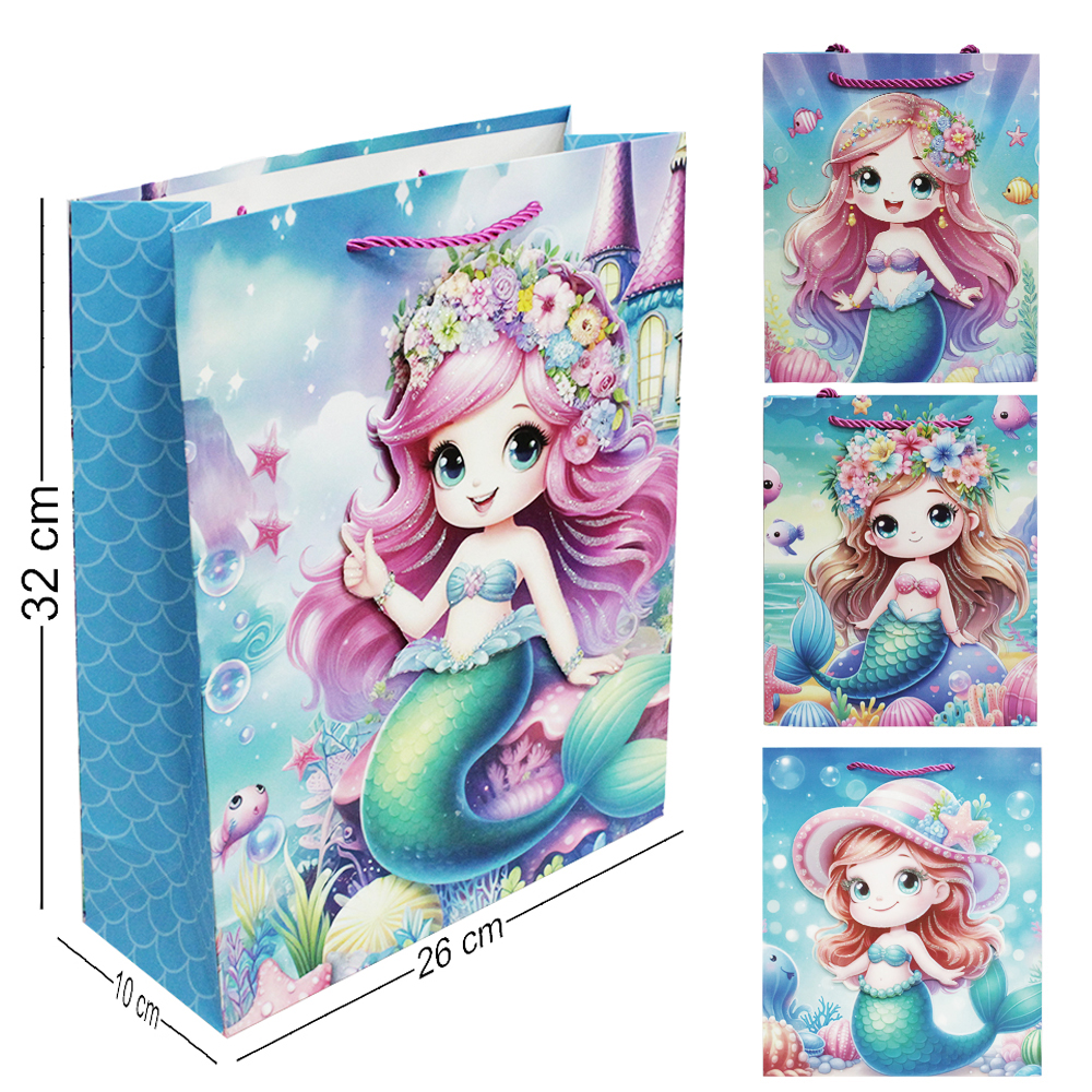 SACOLA DE PAPEL PARA PRESENTE COM GLITTER SEREIA 3D 32X26X10CM