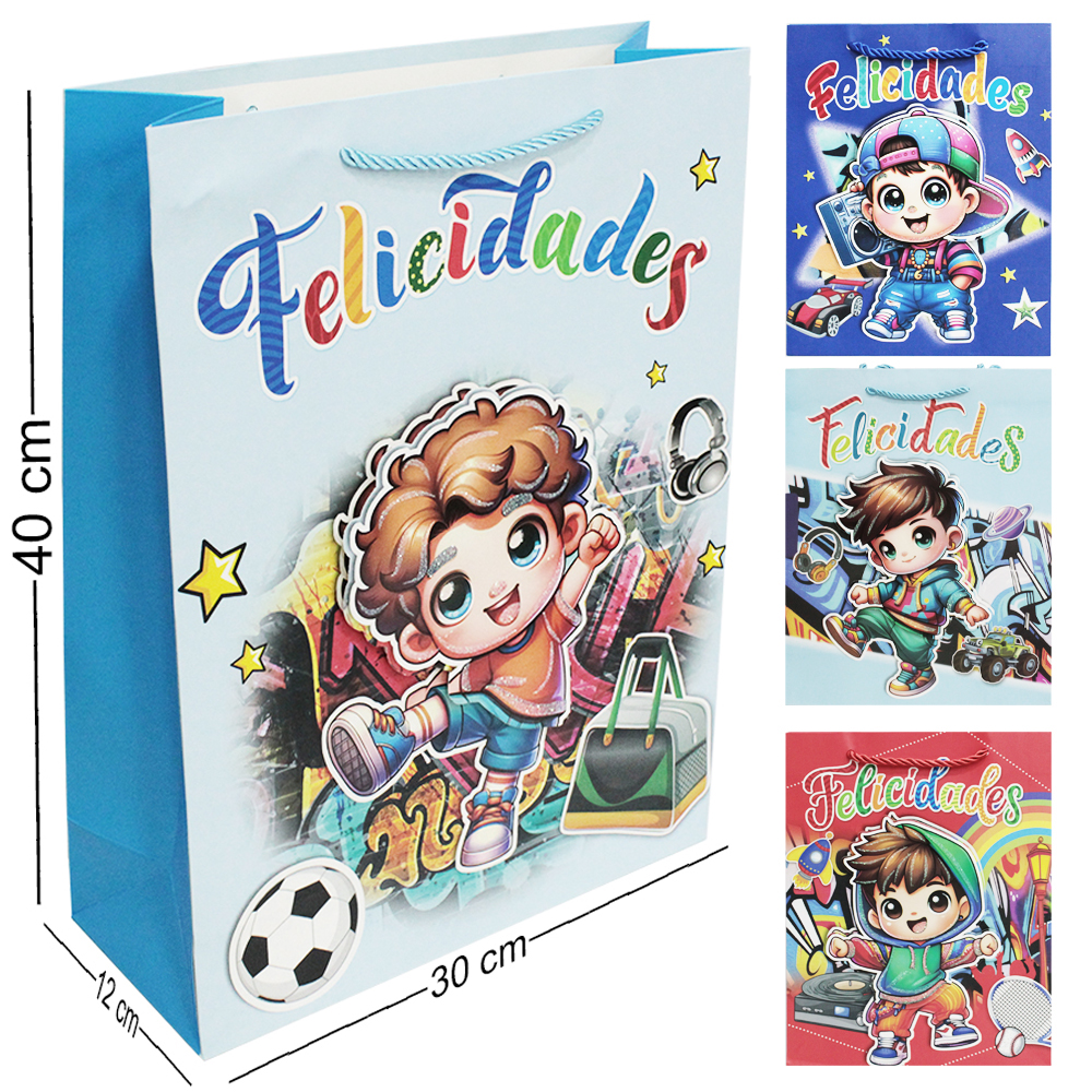 SACOLA DE PAPEL PARA PRESENTE COM GLITTER BOY FELICIDADES 3D 40X30X12CM