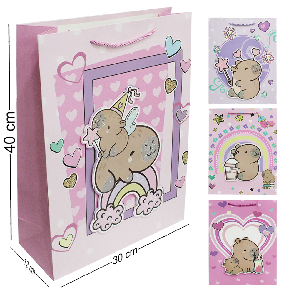 SACOLA DE PAPEL PARA PRESENTE COM GLITTER CAPIVARA 3D 40X30X12CM