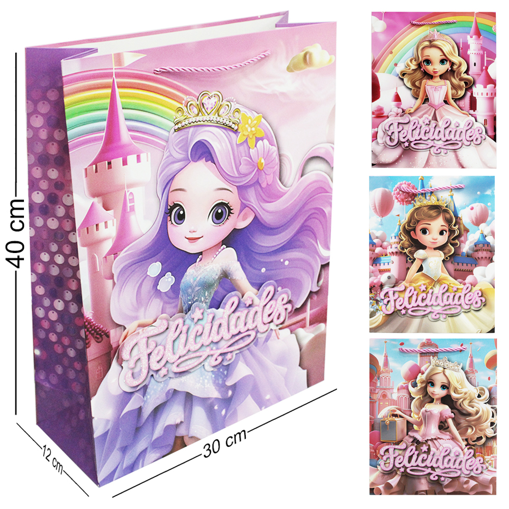 SACOLA DE PAPEL PARA PRESENTE COM GLITTER PRINCESA FELICIDADES 3D 40X30X12CM