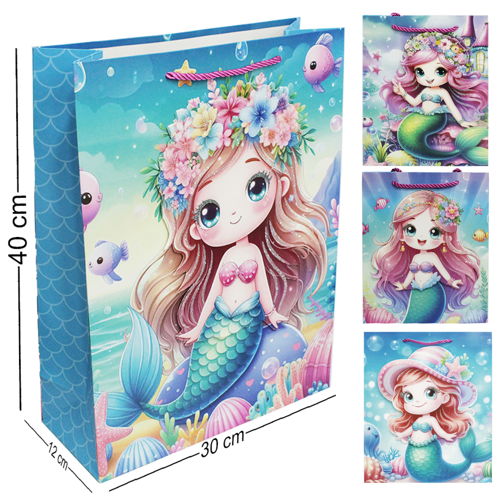 SACOLA DE PAPEL PARA PRESENTE COM GLITTER SEREIA 3D 40X30X12CM