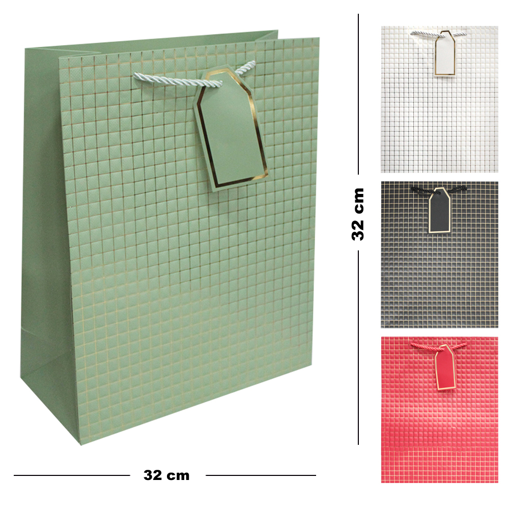 SACOLA DE PAPEL PARA PRESENTE LUXO QUADRICULADA 32X26X12CM