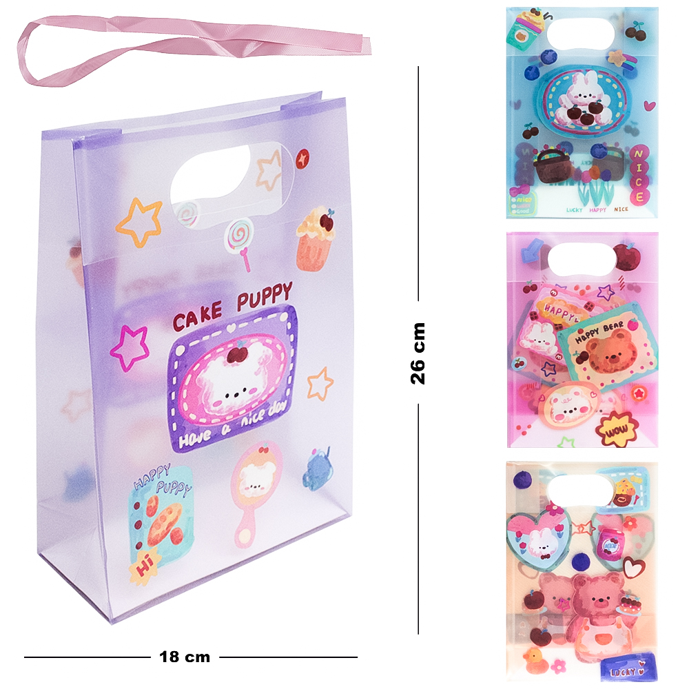 SACOLA DE PLASTICO PP PARA PRESENTE COM LACO URSO 26X18X8CM
