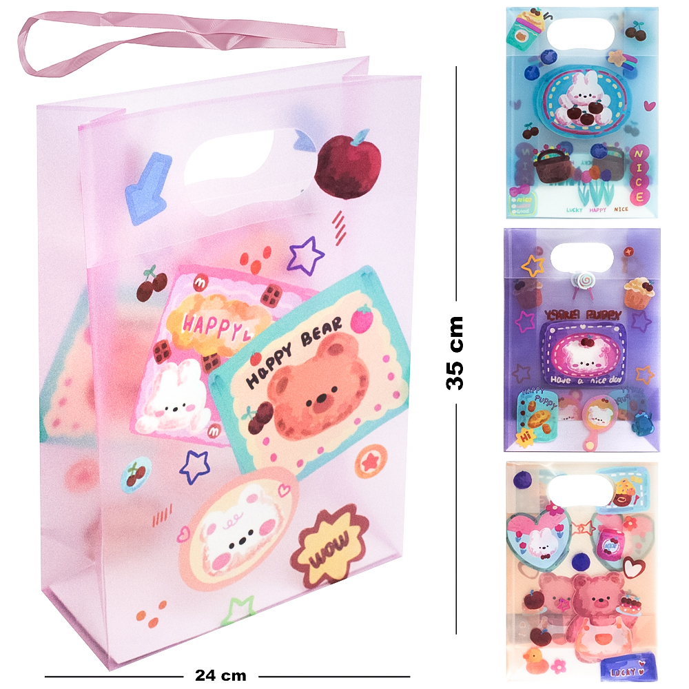 SACOLA DE PLASTICO PP PARA PRESENTE COM LACO URSO 35X24X10CM