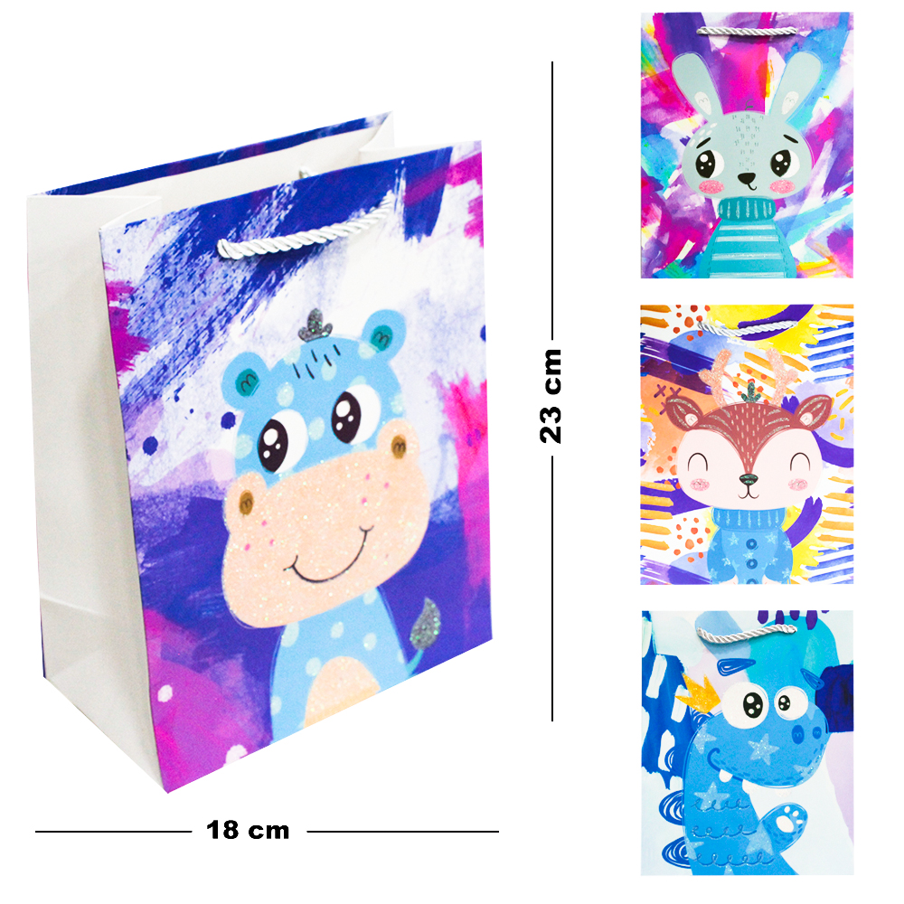 SACOLA DE PAPEL PARA PRESENTE BICHINHOS COM GLITTER 23X18X10CM