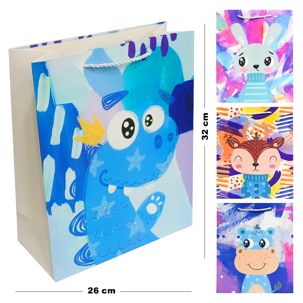 SACOLA DE PAPEL PARA PRESENTE BICHINHOS COM GLITTER 32X26X12CM