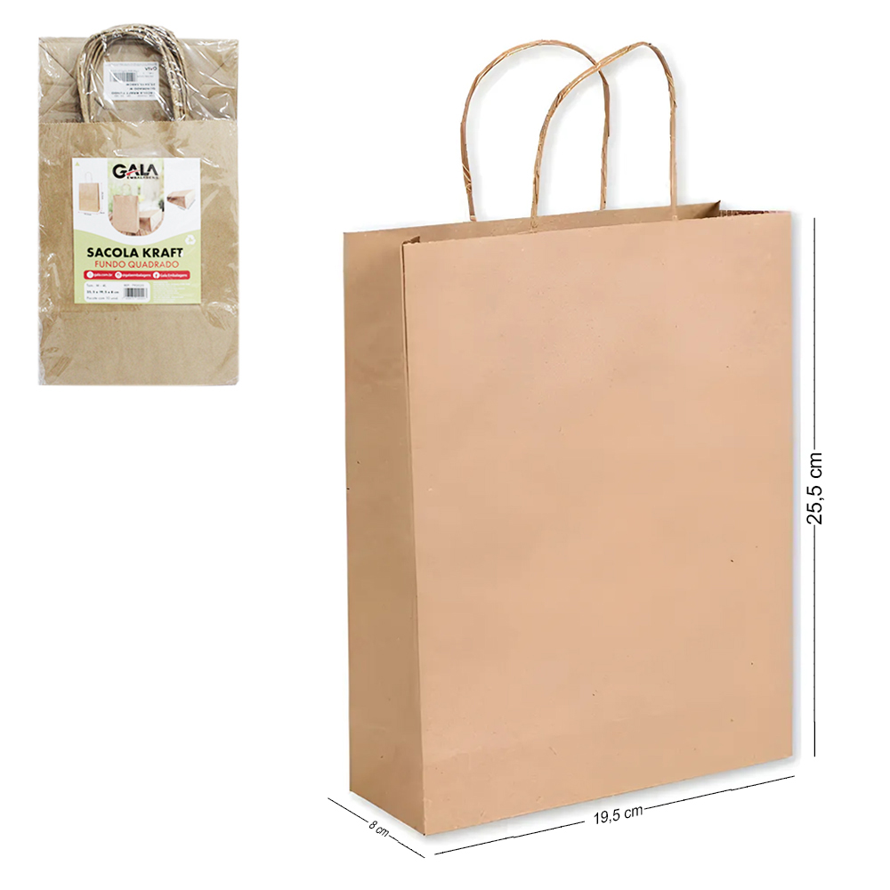 SACOLA DE PAPEL PARA PRESENTE KRAFT MARROM COM 10 PECAS 25,5X19,5X8CM