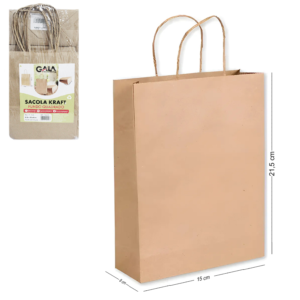 SACOLA DE PAPEL PARA PRESENTE KRAFT MARROM COM 10 PECAS 21,5X15X8CM