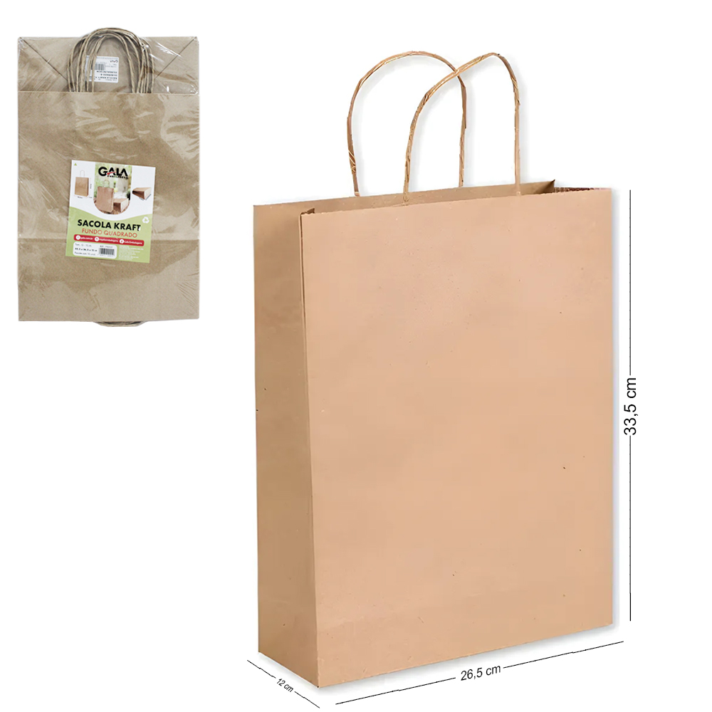 SACOLA DE PAPEL PARA PRESENTE KRAFT MARROM COM 10 PECAS 33,5X26,5X12CM