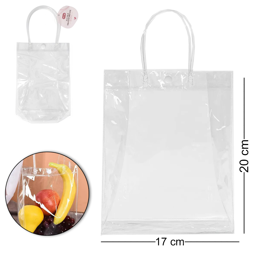 SACOLA DE PLASTICO TRANSPARENTE COM ALCA E BOTAO 20X15X7CM