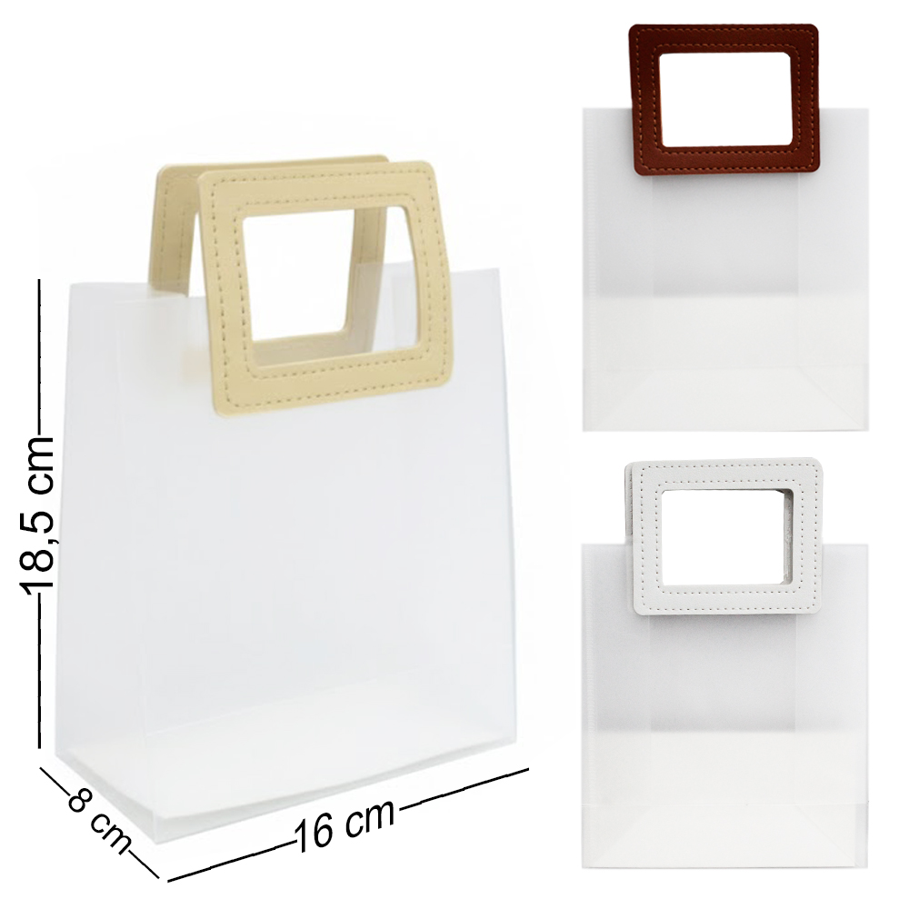 SACOLA DE PLASTICO TRANSPARENTE COM ALCA QUADRADA 18,5X16X8CM