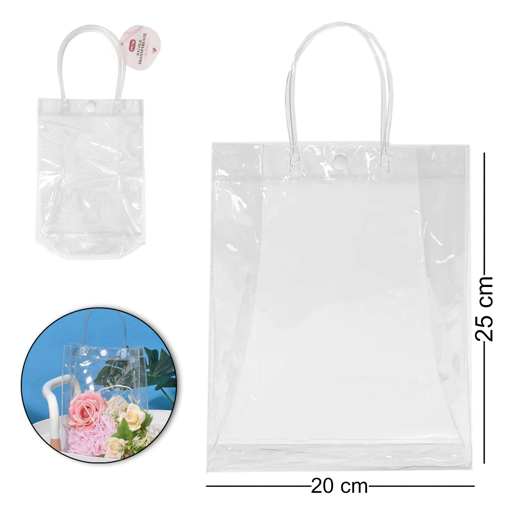 SACOLA DE PLASTICO TRANSPARENTE COM ALCA E BOTAO 25X20X7CM