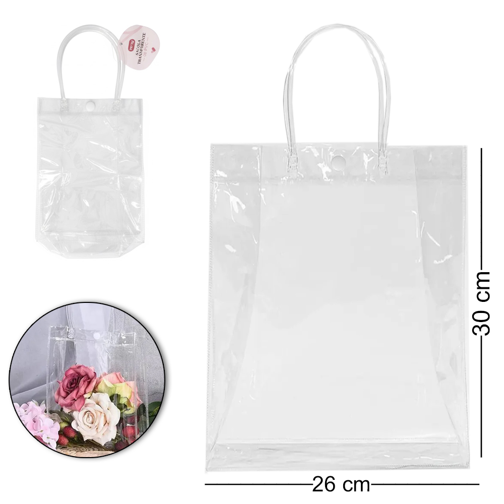 SACOLA DE PLASTICO TRANSPARENTE COM ALCA E BOTAO 30X26X10CM