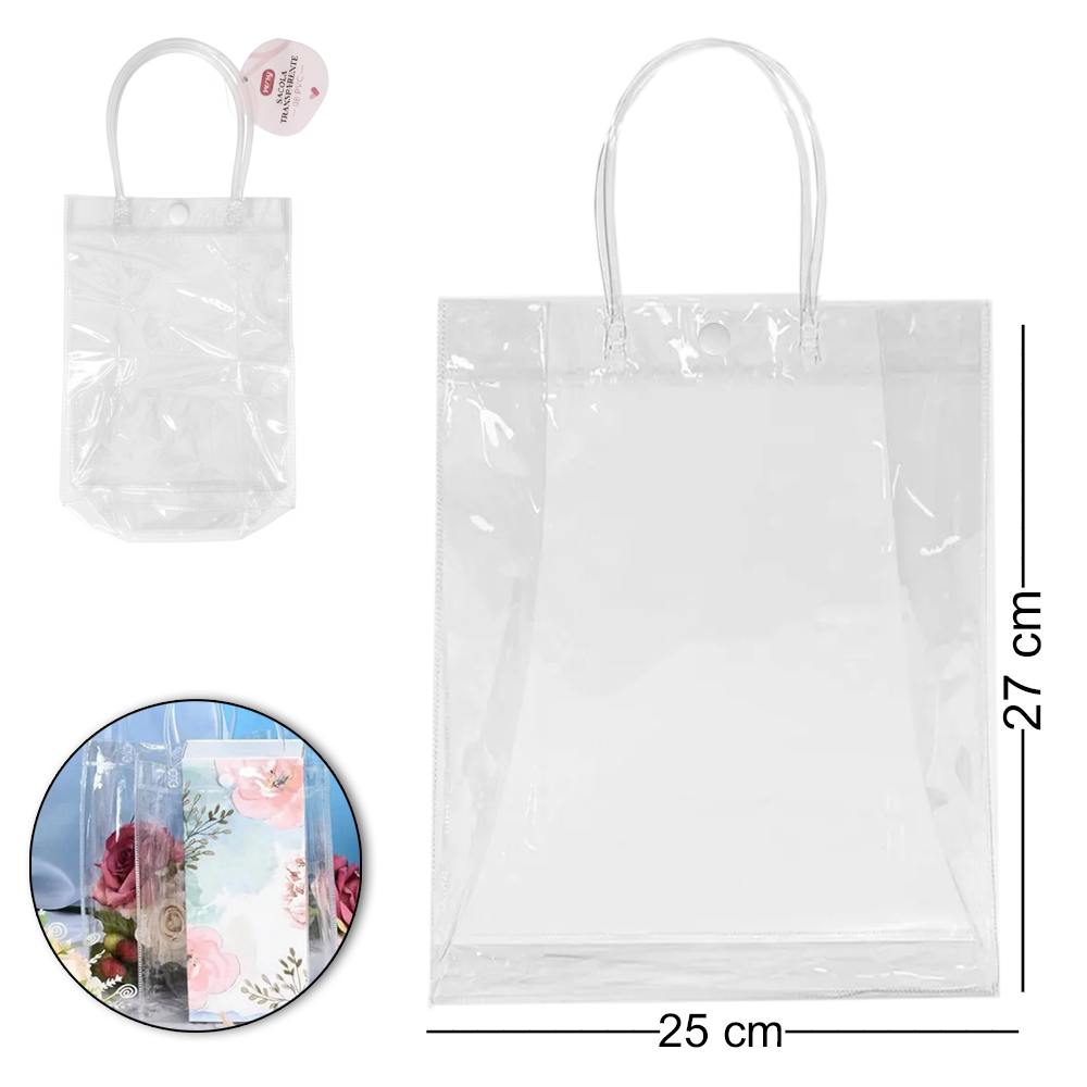 SACOLA DE PLASTICO TRANSPARENTE COM ALCA E BOTAO 27X25X7CM
