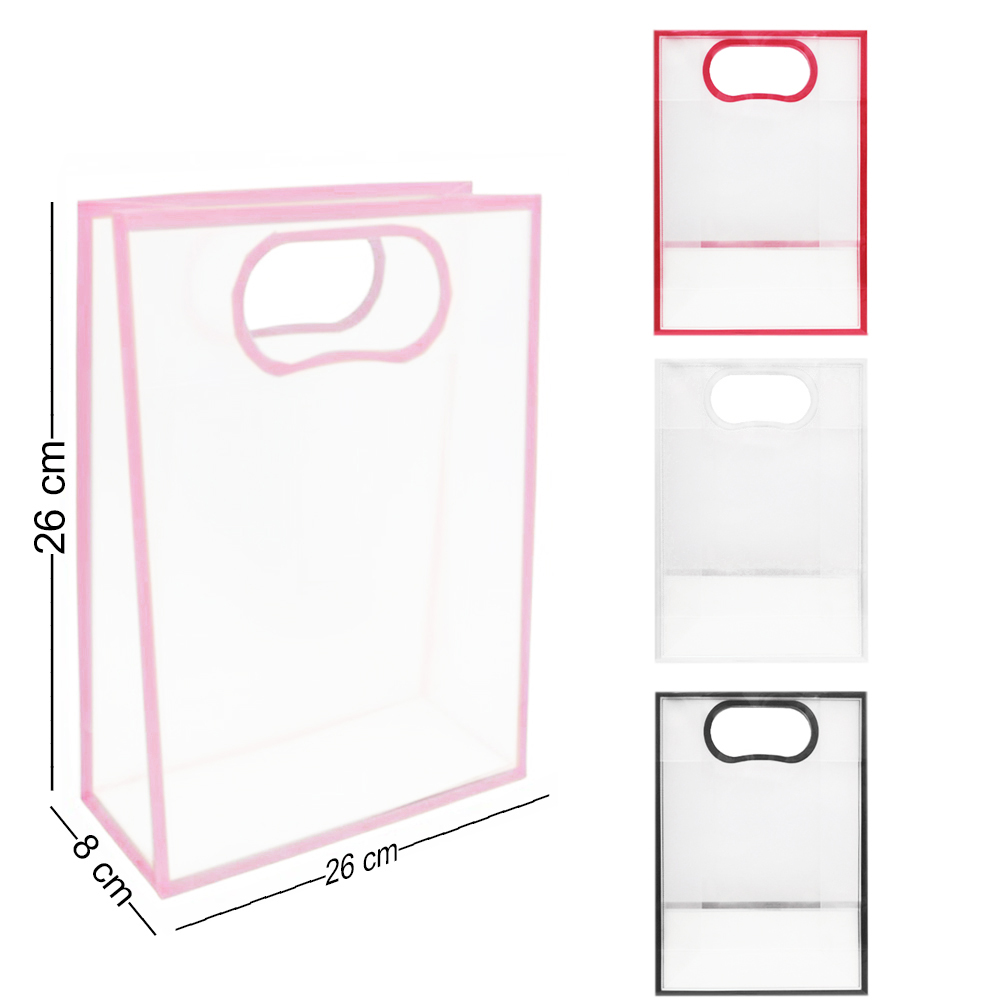 SACOLA DE PLASTICO TRANSPARENTE COM ALCA E BORDA COLOR 26X18X8CM