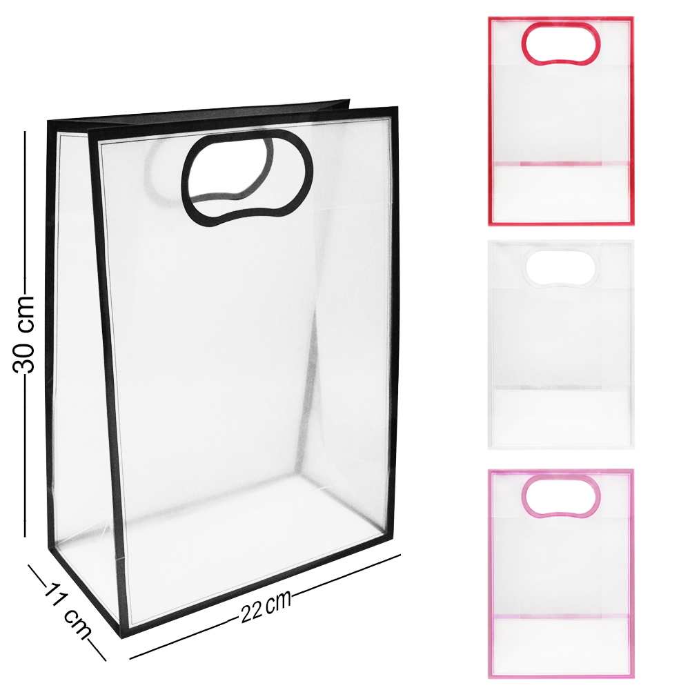 SACOLA DE PLASTICO TRANSPARENTE COM ALCA E BORDA COLOR 30X22X11CM
