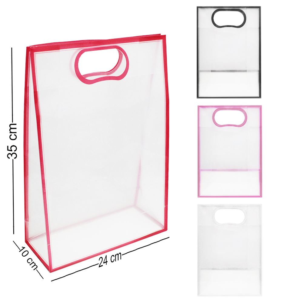 SACOLA DE PLASTICO TRANSPARENTE COM ALCA E BORDA COLOR 35X24X10CM