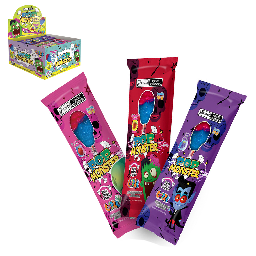 PIRULITO POP MONSTER NEON DOBRE E AGITE MACA / MORANGO / UVA 10GR DP PLAY COLORE