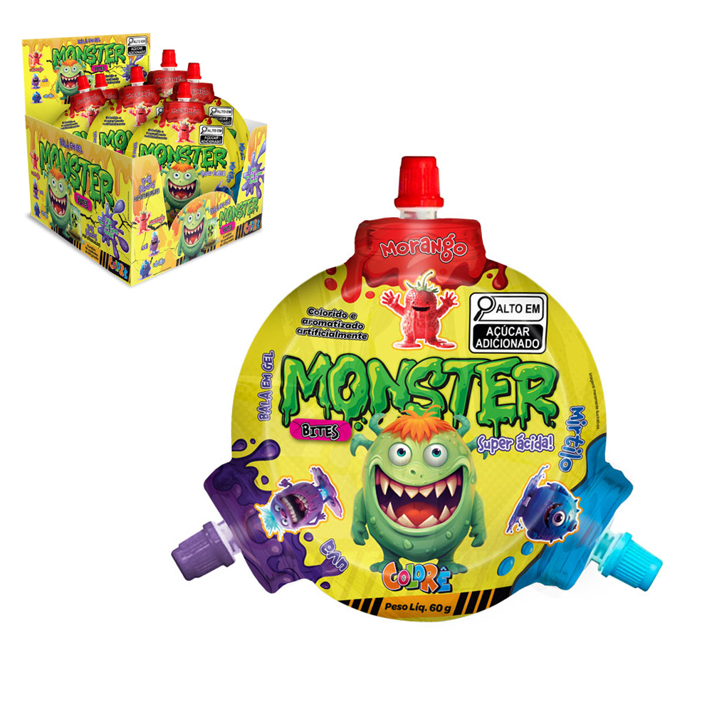 BALA EM GEL MONSTER BITES SUPER ACIDA MORANGO / UVA / MIRTILO 60G DP PLAY COLORE