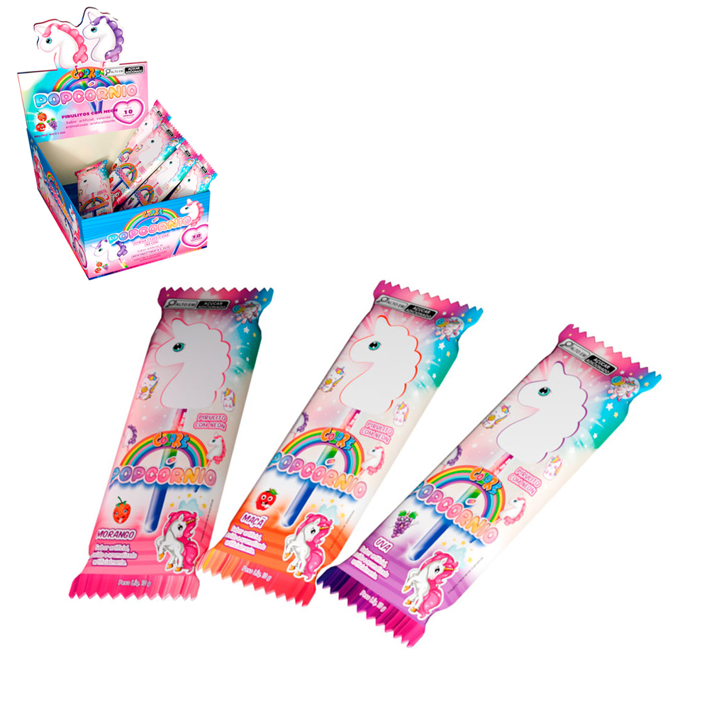 PIRULITO COM NEON POPCORNIO TORCA O CABO E VEJA AS CORES APARECER! MORANGO / MACA / UVA 10G DP PLAY COLORE