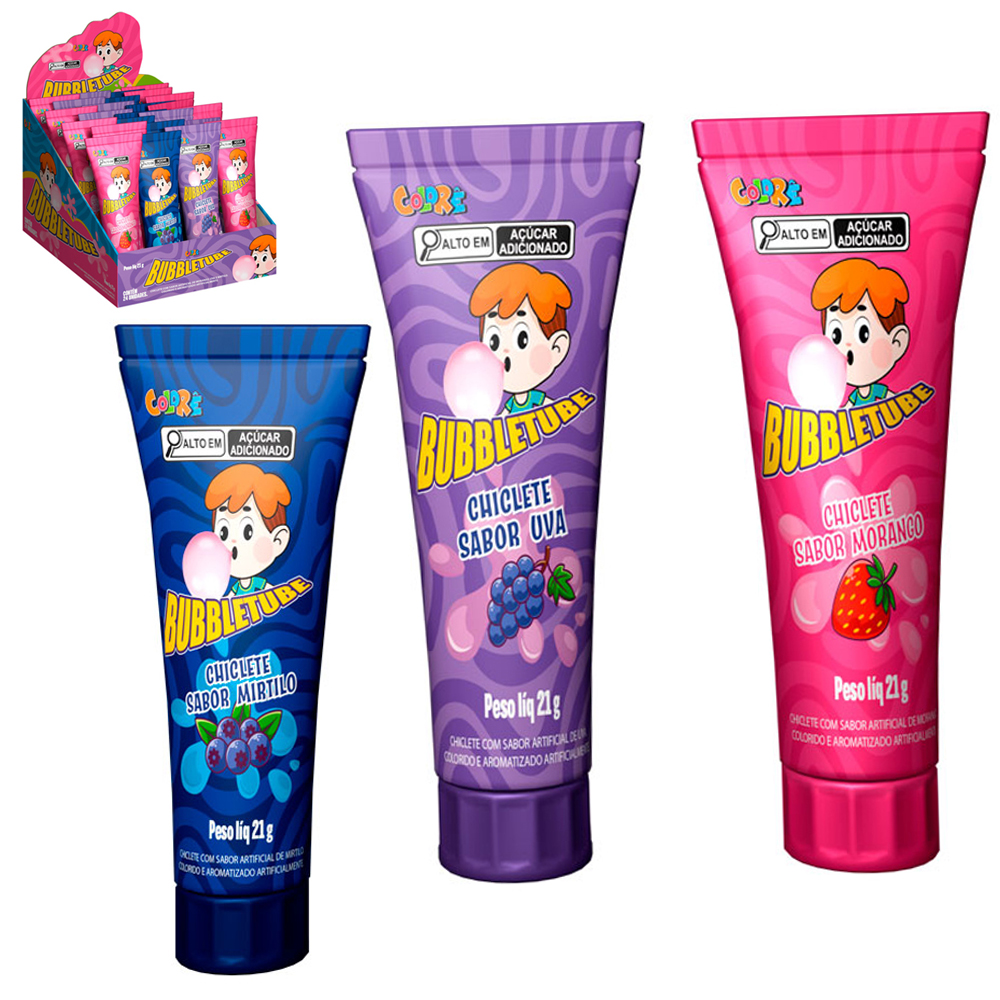 BUBBLETUBE CHICLETE MORANGO / UVA / MIRTILO 21G DP PLAY COLORE