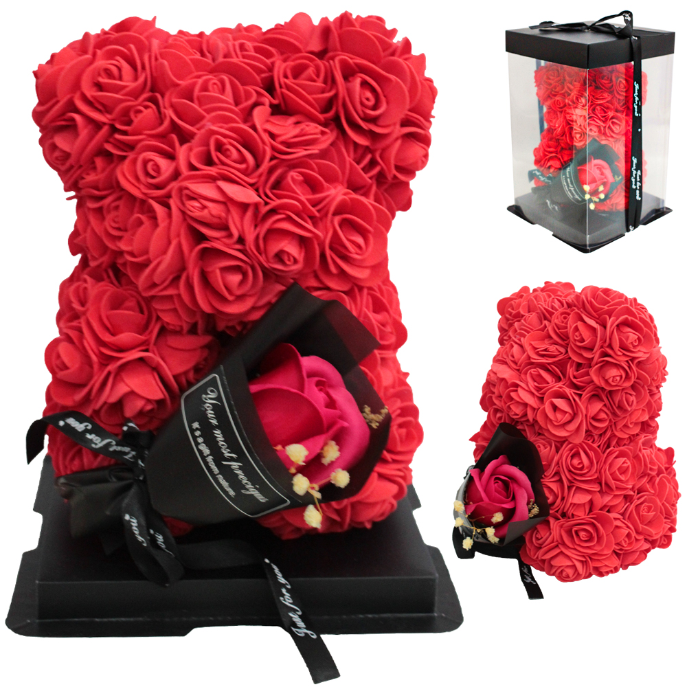 ENFEITE URSO DE ROSAS COM BUQUE 24X18X17,5CM
