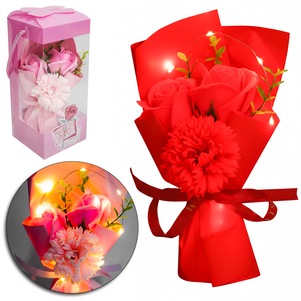 FLOR ARTIFICIAL / BUQUE DE ROSA COM MICRO LED A BATERIA NA CAIXA PVC 23X10X10CM
