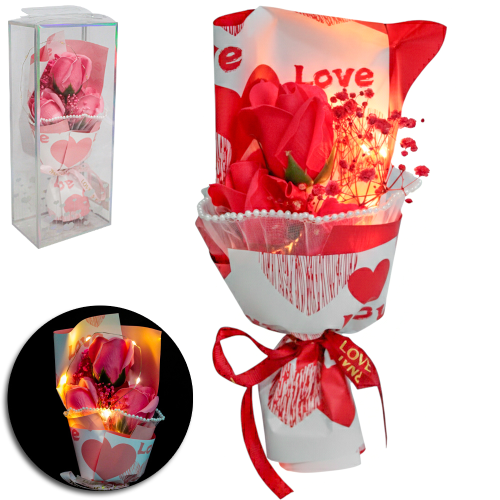 FLOR ARTIFICIAL / BUQUE DE ROSA COM MICRO LED A BATERIA NA CAIXA PVC 27X11,5X7,5CM