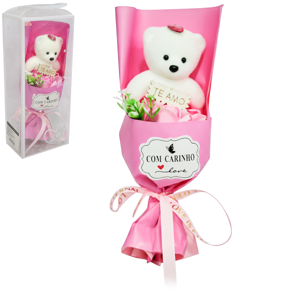 FLOR ARTIFICIAL / BUQUE DE ROSA COM URSO NA CAIXA PVC 24,5X10X7CM