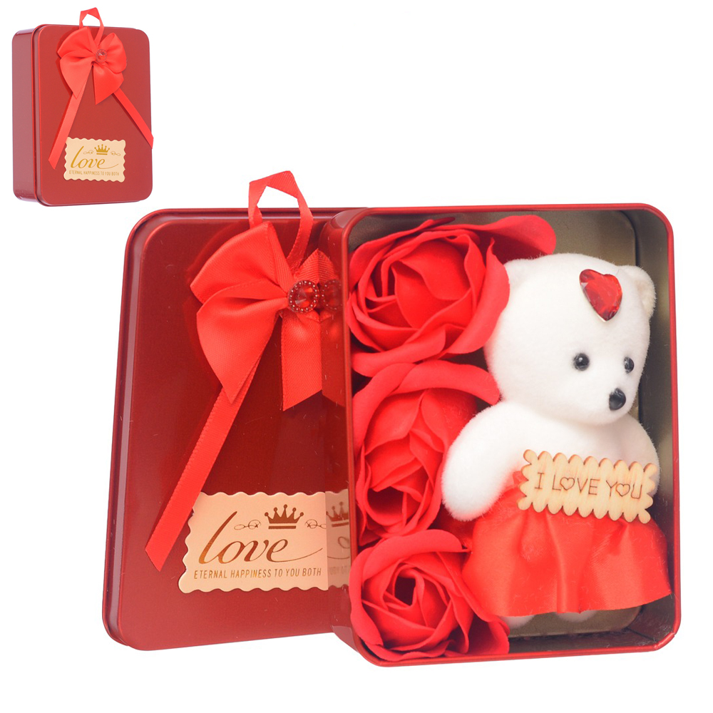 CAIXA RETANGULAR DE METAL PARA PRESENTE COM URSO + 3 FLOR ARTIFICIAL / BOTAO DE ROSA