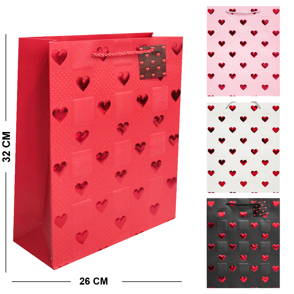 SACOLA DE PAPEL PARA PRESENTE LUXO CORACOES 32X26X10CM
