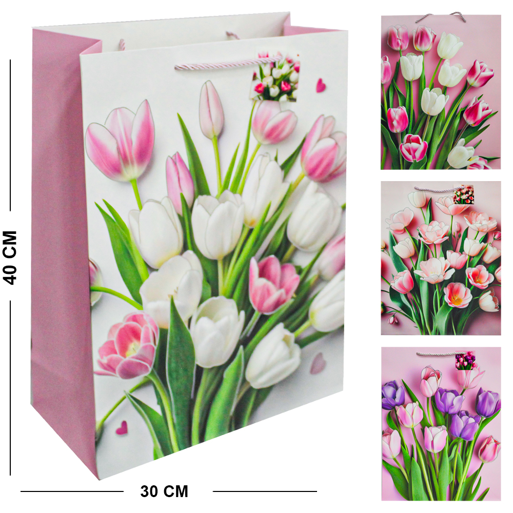 SACOLA DE PAPEL PARA PRESENTE LUXO TULIPAS 40X30X12CM 