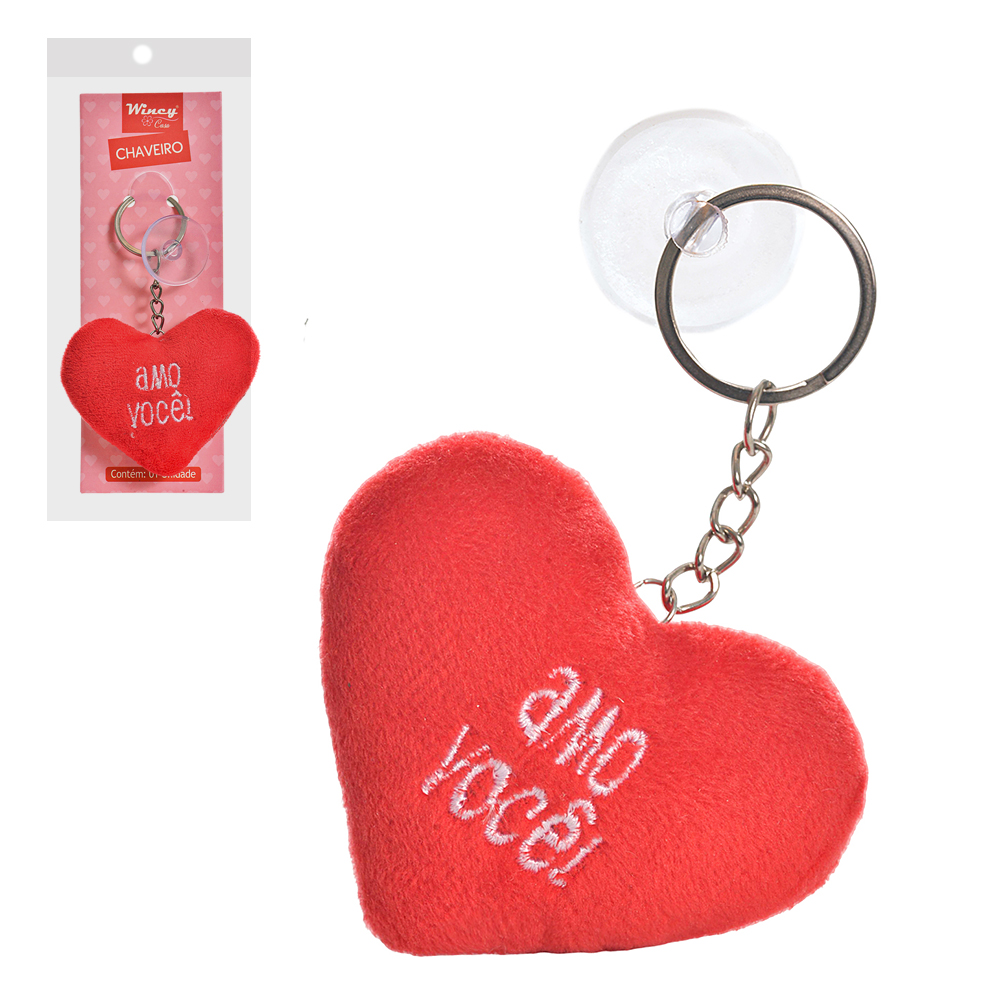 CHAVEIRO DE PELUCIA CORACAO AMO VOCE COM VENTOSA 7X5CM