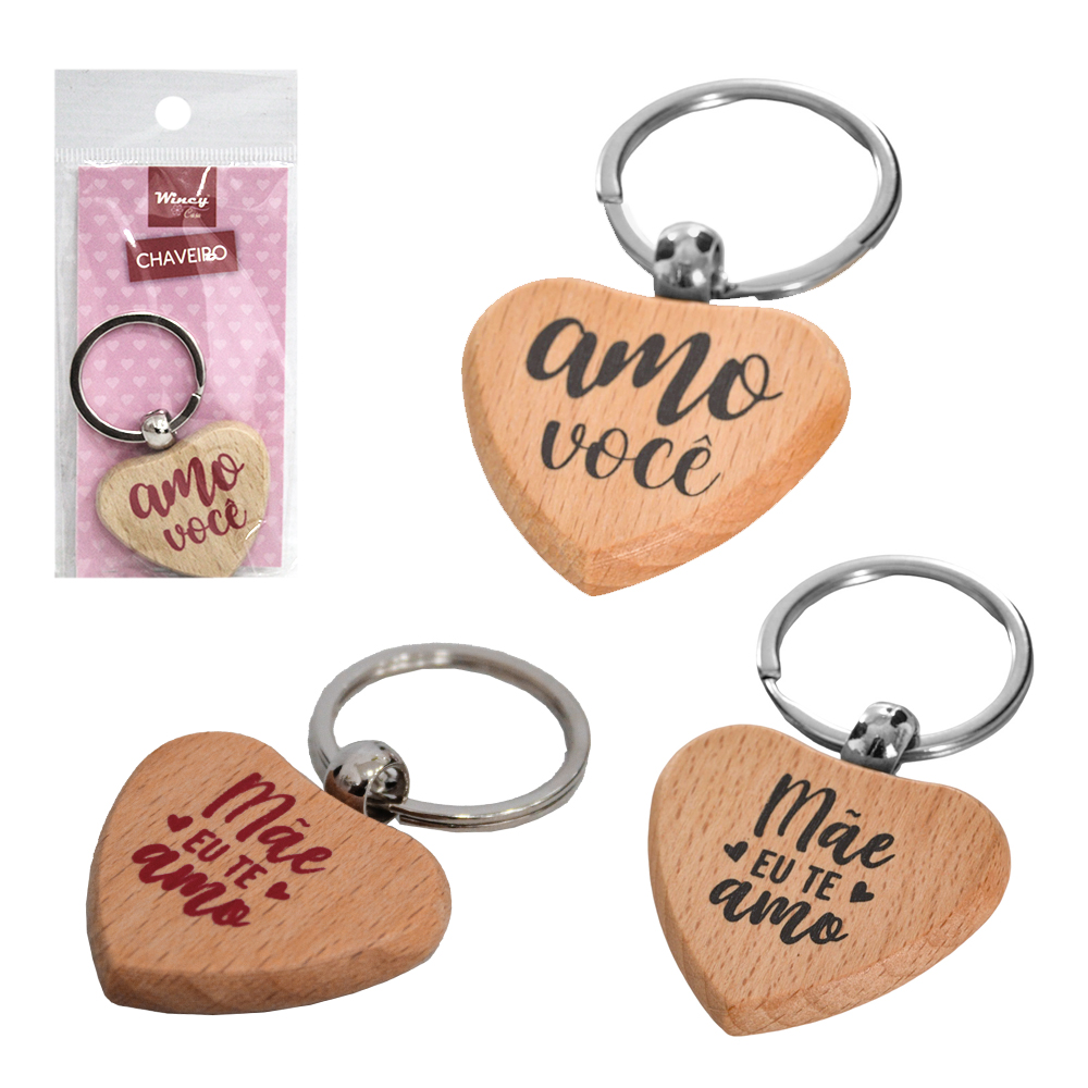 CHAVEIRO DE MADEIRA MDF CORACAO MAE EU TE AMO / AMOR / AMO VOCE 4X4CM