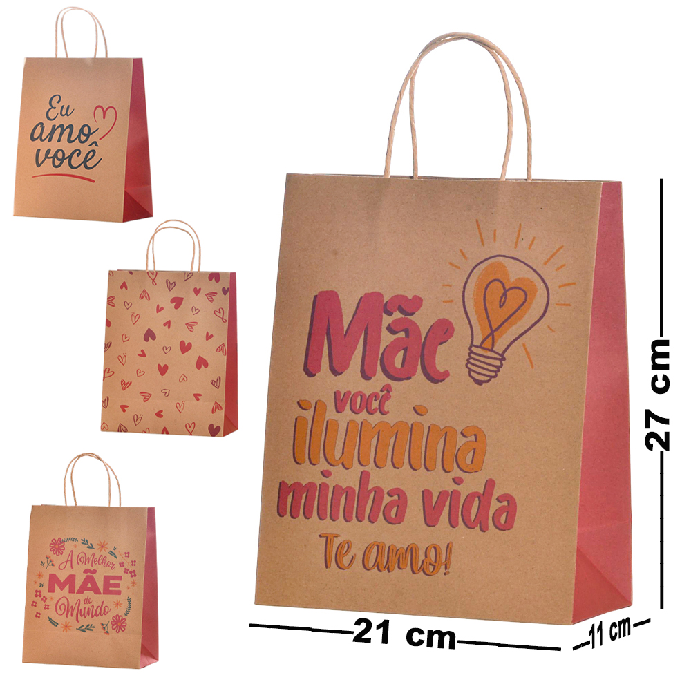 SACOLA DE PAPEL PARA PRESENTE KRAFT MARROM MAE VOCE ILUMINA MINHA VIDA TE AMO / EU AMO VOCE 27X21X11CM